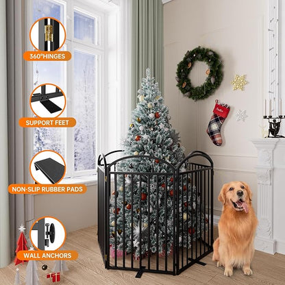 6 Panles Full Matel Freestanding Dog Gates with Door, 144"Extra Wide 36"Tall Free Standing Dog Pet Gate for Indoor & Outdoor. Foldable Pet Fences for Doorways, House, Stairs, Porch, Deck, Yard