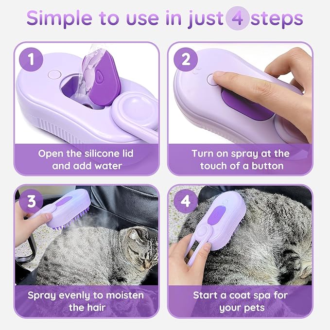 GKZ Cat Steam Brush, 3 in 1 Pet Comb for Massage, Cleaning, Shedding and Combing, Electric Mist to Prevent Flyaways for Home, Dogs and Cat Lovers - Purple