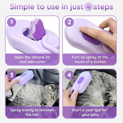 GKZ Cat Steam Brush, 3 in 1 Pet Comb for Massage, Cleaning, Shedding and Combing, Electric Mist to Prevent Flyaways for Home, Dogs and Cat Lovers - Purple