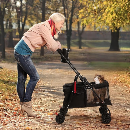 Foldable Pet Stroller for Small/Medium Pets up to 22 lbs - Lightweight 4-Wheel Design with Sun Canopy, Storage Bag & Breathable Mesh