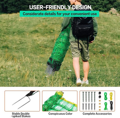 Electric Fence Netting, 49.6" H x 164' L, PE Net Fencing Kit with 14 Posts Double Spiked, Utility Portable Mesh for Sheep Hogs Goats Deer Dogs Lambs Used in Backyards Farms Ranches Patio, Green
