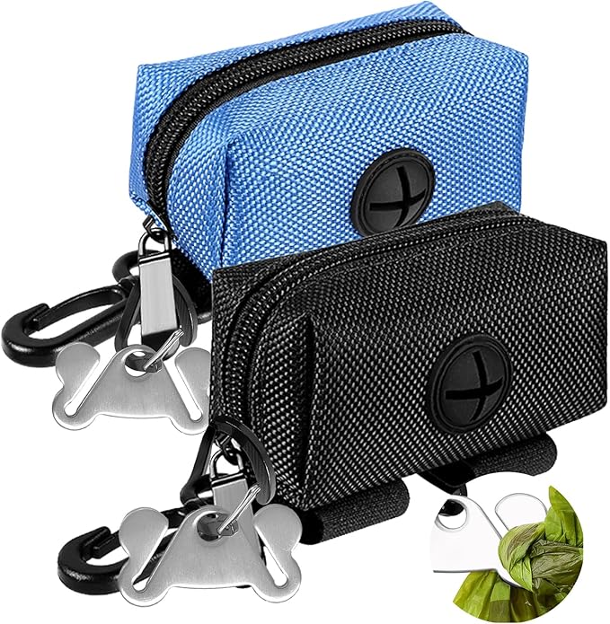 Dog Waste Bag Dispenser Pet Poop Bags Holder for Doggie Waste Bags Dispensers Soft Fabric Zipper Small Doggy Puppy Pouch for Leash Accessory Attachment with Carrier,2PCS Blue&Black