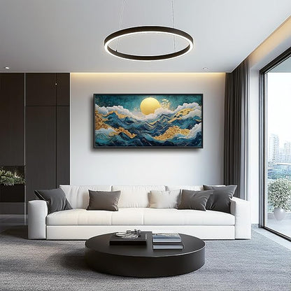 Framed Large Sun Mountain Wall Art, Oversized Teal and Golden Sun Wall Decor for Living Room, Abstract Landscape Canvas Painting Modern Artwork Home Decoration for Living Room Bedroom 60"x30"