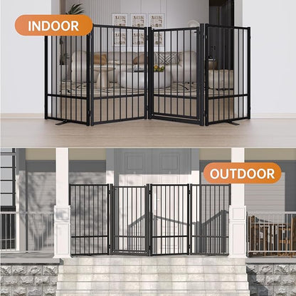 Full Metal Freestanding Dog Gate with Door, 32''Height Foldable Pet Dog Fence for Indoor & Outdoor, 6 Panels Extra Wide Free Standing TallDog Gates for Doorways,House,Stairs,Porch,Deck,Yard