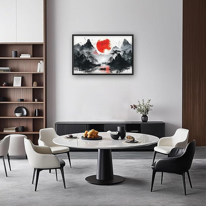 Framed Large Japanese Mountain Wall Art for Living Room, Oversized Asian Red Sun Lake Landscape Wall Decor Nature Canvas Painting Home Decoration for Living Room Bedroom Office 36"x24"
