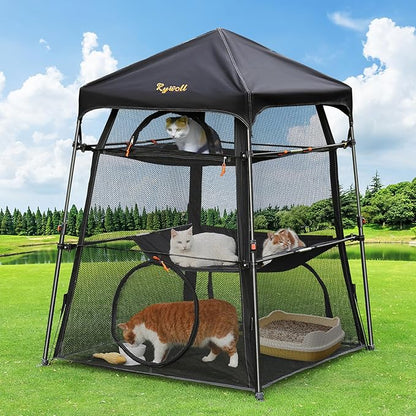 Extra Large Catio Outdoor Cat Enclosure, Rywell 3-Tier Spacious Outdoor Cat Tent, Weatherproof&Sunproof with 5 Windows, Foldable Cat Enclosure for Patio, Camping, Indoor(Includes Carry Bag)