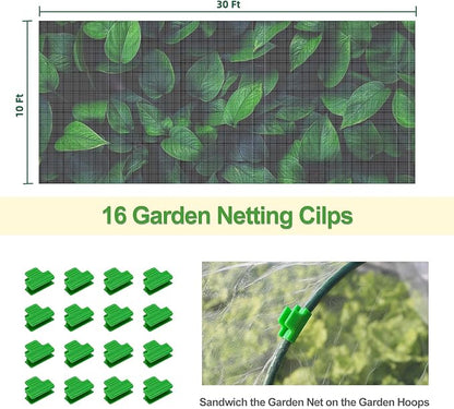 Garden Netting Mesh, 10X30 FT Garden Netting with 16 Cilps & Ultra Fine Mesh Net Bird Barrier Protection for Garden Vegetables Flowers Shrubs Fruit Trees Indoors & Outdoors Plant Beds Greenhouse