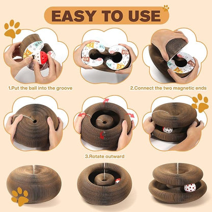 2 PCS Magic Organ Cat Scratcher Board with 6 Balls, Foldable Recyclable Accordion Cats Toy with Ball and Track Adventure, Cat Scratching Pad, Retractable Reversible Furniture Protector(Brown)
