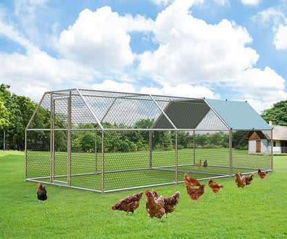4ever2buy 1.26’’ Large Metal Chicken Coop Run Walk in, Chicken Pen for Chickens, Outdoor Chicken Runs Coops, Flat Roofed Chicken Runs for Yard with Anti-Ultraviolet Cover (9.2’L x18.7’Wx 6.4’H)
