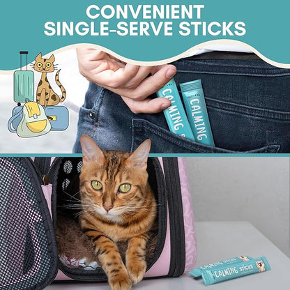 ALBERT & MIA Calming Sticks Lickable Calming Cat Treats for Stress and Anxiety Relief for Cats, Irresistible - Vet Recommended (Sleeping Aid, Vet Visits, Grooming, Car Rides, Plane) 20 Pack