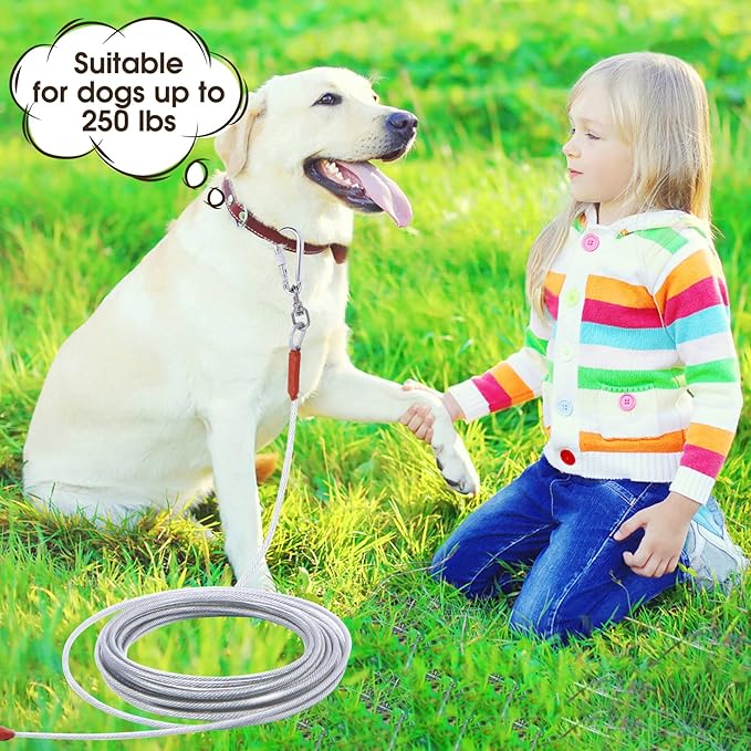 Dog Tie Out Cable for Dogs Outside Up to 125/250lbs,10/20/30/50FT Long Dog Leash&Chains,Small-Large Dogs Runner Cable for Yard,Heavy Duty Lead Line for Outdoor,Camping,Yard(250lbs 50FT, Silver)