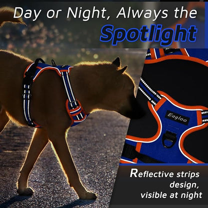 Eagloo Dog Harness for Large Dogs, No Pull Service Vest with Reflective Strips and Control Handle, Adjustable and Comfortable for Walking, No Choke Pet Harness with 2 Metal Rings, Blue & Orange, L