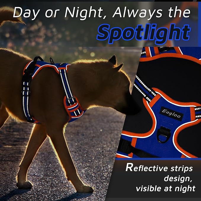 Eagloo Dog Harness for Large Dogs, No Pull Service Vest with Reflective Strips and Control Handle, Adjustable and Comfortable for Walking, No Choke Pet Harness with 2 Metal Rings, Blue & Orange, XL