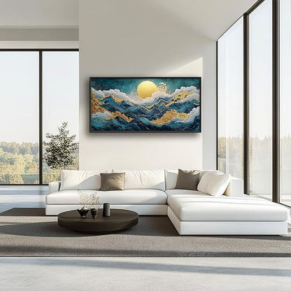 Framed Large Sun Mountain Wall Art, Oversized Teal and Golden Sun Wall Decor for Living Room, Abstract Landscape Canvas Painting Modern Artwork Home Decoration for Living Room Bedroom 60"x30"