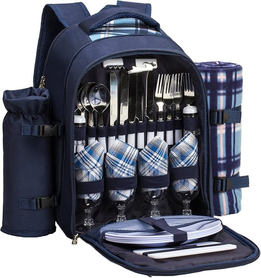 Apollo walker Picnic Backpack Set for 4 with Cooler Compartment,Detachable Bottle/Wine Holder Including Large Picnic Blanket(45"x 53") for Picnic Family and Lovers Gifts,Outdoor,BBQ Time (Blue)