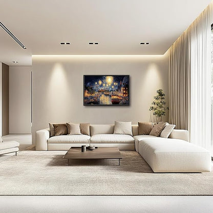 Framed Large Firework Night Sky Wall Art, Oversized European City Landscape Wall Decor for Living Room, River Boats Canvas Pictures Home Decoration for Living Room Bedroom Office 36"x24"