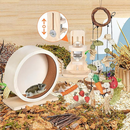 antiai 9.8 Inch Wooden Hamster Exercise Wheel Set,Silent Wheel Quiet Spinner Hamster Running Wheels,Hamster Water Feeder Accessories Chew Toys for Hamsters, Gerbils, Mice and Other Small Pets,9 pcs