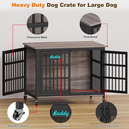EasyCom 42"/41"/33" XL Dog Crate Furniture with Casters, Heavy Duty Dog Kennel Indoor for Large and Medium Dogs, Double-Doors Sturdy Dog Cage for Anxiety Dog, Decorate House as TV Stand, Bedside Table