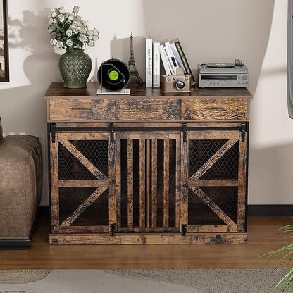 48'' Dog Crate Furniture with Removable Divider & Storage Drawers, Wooden Double Dog Cage TV Stand with 2 Sliding Barn Doors, Multi-Functional Dog Crate End Table for Indoor use (Retro Brown)