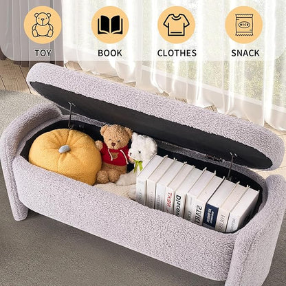 48 Inch Lamb Fleece Oval Storage Bench Upholstered Ottoman Bench with Storage, Bedroom Bench with Large Storage Space, for Bedroom Living Room Entryway, Grey