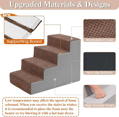 GGIB Dog Stairs for Small Dogs Cats Non-Slip Dog Steps for High Bed Pet Stairs for Sofa Couch Pet Ramp Pet Steps with Removable Washable Cover, Brown, 17" H, 4-Step