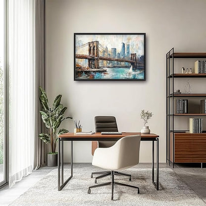 Extra Large Framed Brooklyn Bridge Wall Art,New York City Wall Decor,Abstract Skyline Cityscape Pictures for Living Room,Canvas Print Painting Modern Artwork Bedroom Office Bathroom 36L x24W