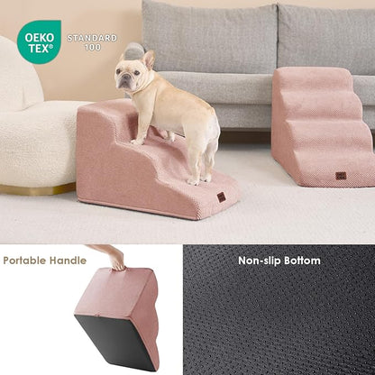 EHEYCIGA Curved Dog Stairs Ramp for Small Dogs 15.7" H, 3-Step Dog Steps for Couch Sofa and Chair, Pet Stairs for Cats, Non-Slip Balanced Pet Steps Indoor, Dusty Pink