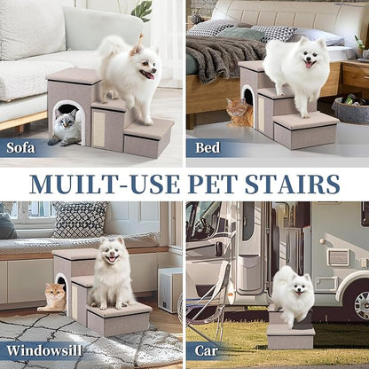 Dog Steps for Bed and Couch, 17”H Foldable Dog Stairs for Small Older Dogs Cats, Adjustable Pet Cat Stairs Ramps with Storage with Condo, Scratcher, Hold Up to 180LBS, Pet Cat Steps Beige