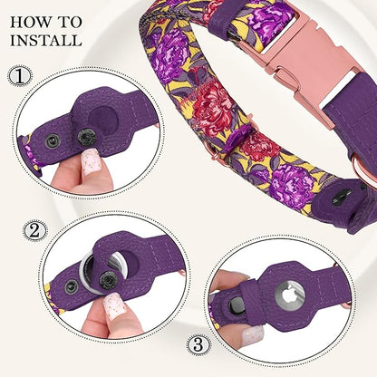 AirTag Dog Collar for Small Medium Large Breed - Adjustable Cute Pattern Dog Collar with Airtag Holder - Soft Leather Tracker GPS Apple Air Tag Pet Collars (X-Small, 9"-12" Neck Fit, Peonies)