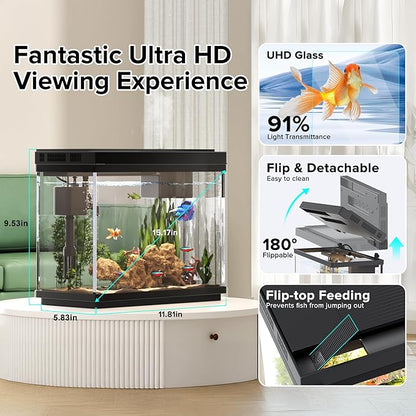 Fish Tank, 2.4 Gallon Fish Aquarium, Fish Tank Starter kit with Smart Humidifier, Temperature Display, 7-Color Lighting, 3 in 1 Quiet Pump with Filteration & Oxygenation & Circulation