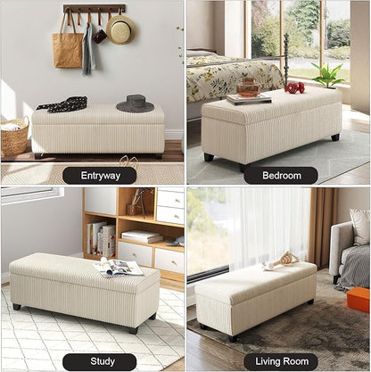 48" Ottoman with Storage, Corduroy Storage Ottoman Bench for Bedroom, End of Bed Bench with Safety Hinge for Living Room, Bedroom, Entryway, White
