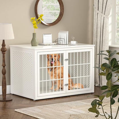 48" Heavy Duty Dog Crate Furniture for Large Dogs, Metal Cage for High Anxiety Dogs, Wooden Kennel Furniture Indoor, Decorative Dog Kennel End Table, XL,White