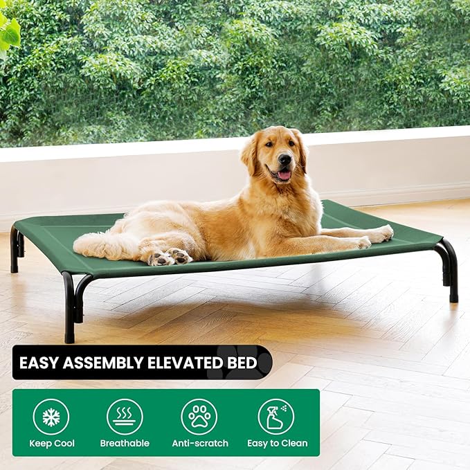 Elevated Dog Bed Raised Outdoor Dog Cot for Large Dogs, Installation Requires No Tools, Frame with Washable Cooling Breathable Mesh Anti-Slip Feet, Indoor Pet Bed, Green, 43.3 Inches