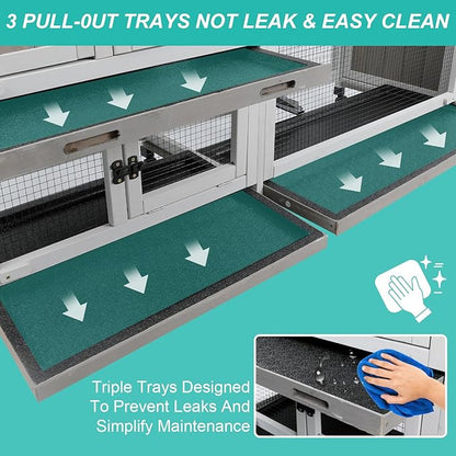 2-Tier Rabbit Hutch with Wheels, Indoor & Outdoor Small Animal Cage with Deep Pull-Out Tray, Anti-Chew Frame, Habitat for Bunny, Guinea Pig, Chinchilla (60" L x 19" W x 35" H)