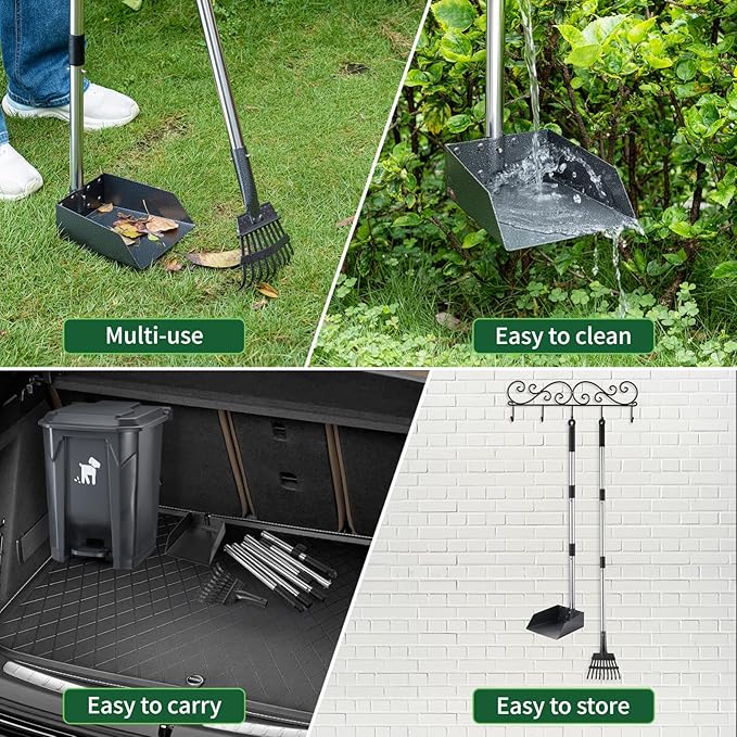 Dog Pooper Scooper, Dog Poop Trash Can Set with Removable Inner Bucket, Long Handle Rake, 150 Waste Bags, Easy Pick Up Poop Scooper, 20L Dog Poop Trash Bin for Small/Large Dog Families