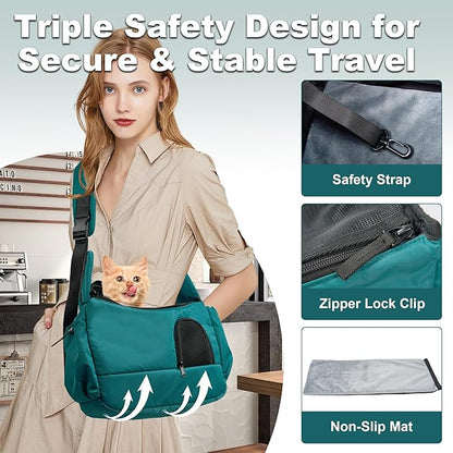 Dog Sling Carrier for Small Pets, Hands-Free Cat Carrier Pouch up to 8.8 lb, Cat Sling with Safety Strap and Pockets, Ideal for Travel and Daily Use, Peacock Blue