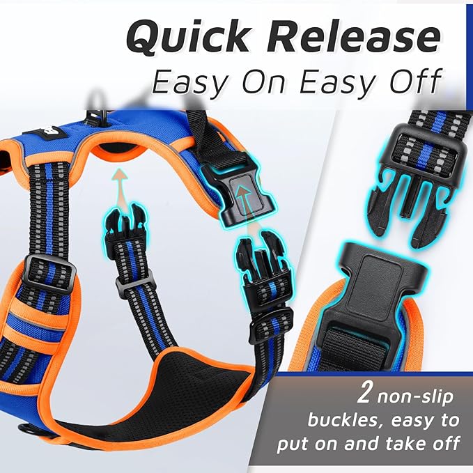 Eagloo Dog Harness Small Sized Dog, No Pull Service Vest with Reflective Strips and Control Handle, Adjustable and Comfortable for Walking, No Choke Pet Harness with 2 Metal Rings, Blue & Orange, S