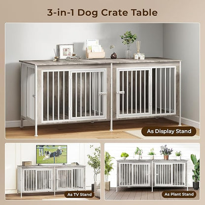 63 Inch Dog Cage Furniture for 2 Large/Medium Dogs with Removable Divider, Extra Large Double Doors Dog Kennel, XXL Thick Wooden Dog cage Furniture, Durable and Sturdy, Beige