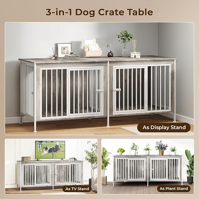 78 Inch Dog Cage Furniture for 2 Large/Medium Dogs with Removable Divider, Extra Large Double Doors Dog Kennel, XXL Thick Wooden Dog cage Furniture, Durable and Sturdy, Beige