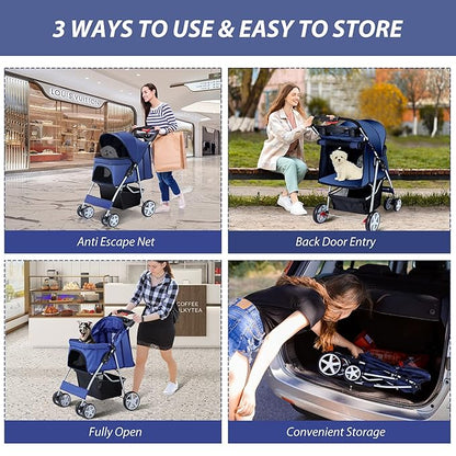 4 Wheels Pet Stroller for Small Medium Dogs Cats 10-33 lbs, Foldable Dog and Cat Stroller with Cup Holder & Storage Basket & Breathable Mesh, Pet Strolling Cart for All-Season, Navy Blue