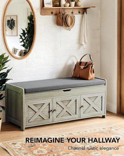 Amada Shoe Bench, Entryway Bench with Cushioned Seat & Lift Top Storage, 3 Doors, Adjustable Shelf, 300 lbs Capacity, Storage Bench with Shoe Rack for Entryway, Bedroom, Living Room, Gray