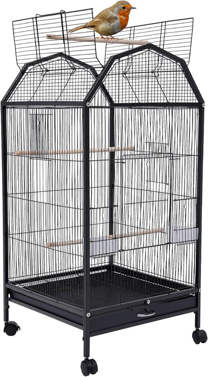 40-Inch Wrought Iron Bird Cage with Open-Top and Rolling Stand, Movable Parrot Cage Pet Bird Flight Cage, 360 Degree View Spacious Interactive Roof Pet Bird House for Medium&Small Birds