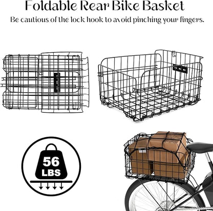 Aodaer Bike Basket with Removable Liner Bag Cargo Net Large Folding Bike Basket Quick Release Metal Ebike Basket Bicycle Storage Basket for Carrying Fruit & Grocery Pets Dogs
