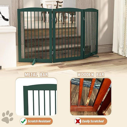 Freestanding Pet Gate for Dogs, Foldable Wooden Dog Gate for House Indoor, Step Over Pet Puppy Safety Fence for Stair, Doorway,Hall, Support Feet Included,3 Panels 32",Green