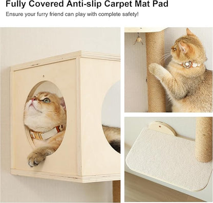 FUKUMARU Cat Wall Shelves, 5-Piece Stable Wooden Wall-Mounted Furniture Set, Kitty Climber with Hammock, House, Steps, Scratching Post (Beige)