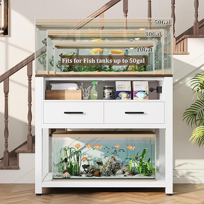 40-49 Gallon Fish Tank Stand with Two Storage Drawers, Heavy Duty Aquarium Stand with Waterproof Mat, Sturdy Metal Frame, 800 LBS Capacity Storage Cabinet, White
