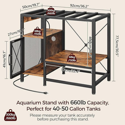 40-50 Gallon Fish Tank Stand, Aquarium Stand with Power Outlet and Storage Cabinet, Heavy Duty Tank Stand Suitable for Turtle Tank, Reptile Terrarium, for Home Office, Rustic Brown FTHR50E01