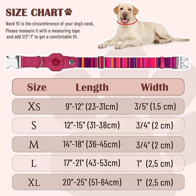 AirTag Dog Collar for Small Medium Large Breed - Adjustable Cute Pattern Dog Collar with Airtag Holder - Soft Leather Tracker GPS Apple Air Tag Pet Collars (Large, 17"-21" Neck Fit, Striped)