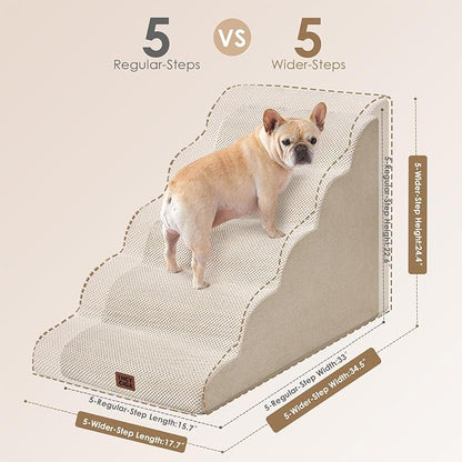 EHEYCIGA Curved Dog Stairs Ramp for High Beds, 5-Step Extra Wide Dog Steps for Small Dogs and Cats, Pet Stairs for High Bed Climbing, Non-Slip Balanced Pet Step Indoor, Beige