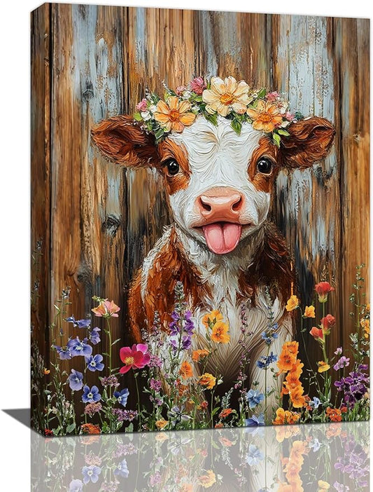 Funny Cow Bathroom Pictures Wall Art, Rustic Brown Cute Cow Bathroom Wall Decor, Farmhouse Floral Framed Painting Animal Flower Canvas Artwork for Bedroom Living Room Decorations 20"L x 16"W